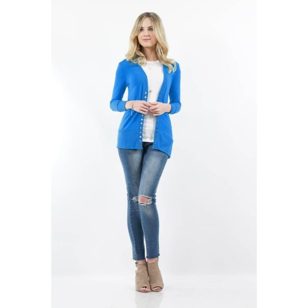 Zenana Womens Large Bright Blue Snap Button Cardigan Sweater Lightweight Knit